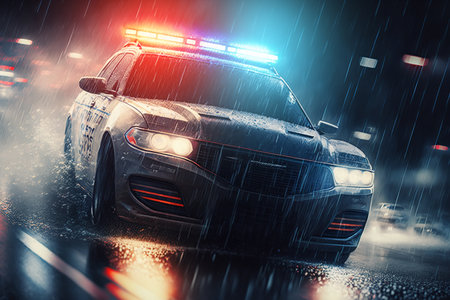 Police car with blue-red flasher driving in city on rainy night. Generative ai illustration.の素材