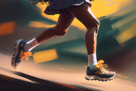Black girl in skirt and sneakers is running fast. Close-up, side view, motion blur. Generative AI.の素材