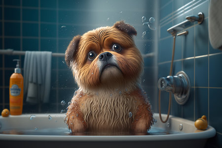 Cute fluffy fat dog bathing in bath. Washing funny pet. Illustration by generative ai.の素材