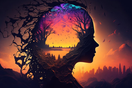 Dreaming, mental health, spirituality, fantasy psychological concept. Profile female head silhouette colorful surreal consciousness against sky and city. Generative ai illustration.の素材