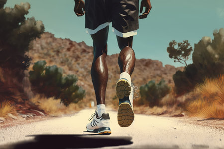 Close-up black male athlete in sports shoes training in nature, runner's legs in shorts and sneakers on trail outdoors. Generative AI.の素材