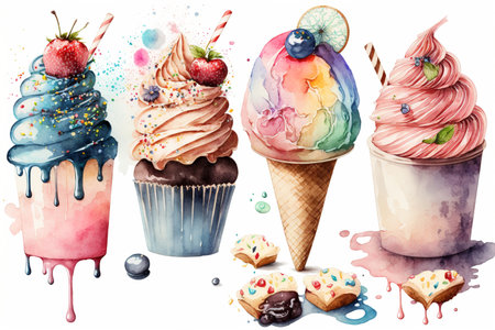 Set of cakes, decorated with sweet desserts, cupcake menu. Colorful watercolor illustration. Generative AI.の素材