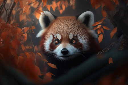 Endangered species, rare animal, wild life problem concept. Portrait Red panda, cute animal peeking out from frame of yellow autumn leaves outdoors. Generative AI.の素材