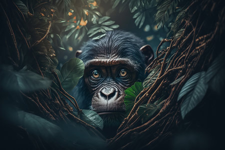Rare animal, endangered species, wild life disaster concept. Portrait of chimpanzee in the jungle, frightened mammal peeking out of frame of trees and leaves looking at camera, outdoors. Generative AI.の素材