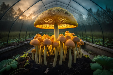 Cultivation of mushrooms, mushroom growing. Production row of fungus growing in greenhouse. Generative AI.の素材