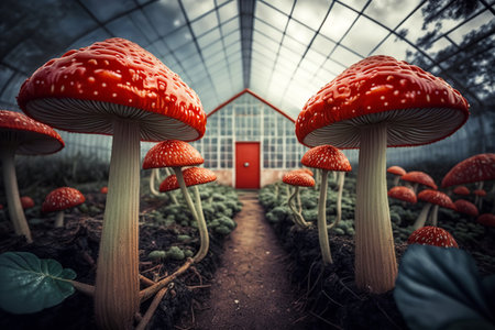 Mushroom cultivation, gardening, science mycology concept. Row of organic poisonous red mushrooms, toxic fly agaric in greenhouse on farm. Generative AI.の素材