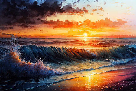 Marine natural landscape with waves, sunset in the ocean. Generative ai watercolor illustration.の素材
