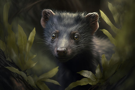 Endangered species, rare animal, wild life problem concept. Portrait of Tasmanian Devil in nature, cute animal peeking out of frame of foliage outdoors. Generative AI.の素材