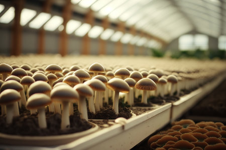 Mushroom cultivation, gardening concept. Growing row of organic mushrooms in greenhouse on farm. Generative AI.の素材