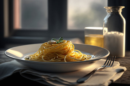 Italian pasta, cooked spaghetti in plate, fork and drink on table by window. traditional dish. Generative AI.の素材