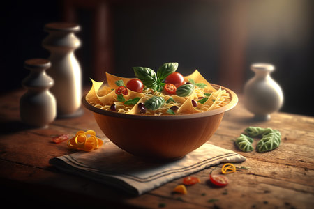 Italian pasta, cooked pasta with vegetables in a bowl on the table. traditional dish food. Generative AI.の素材
