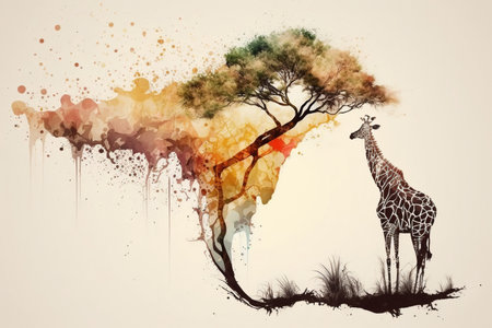 Giraffe and tree in nature, animal life illustration. Africa watercolor. Generative AI.の素材