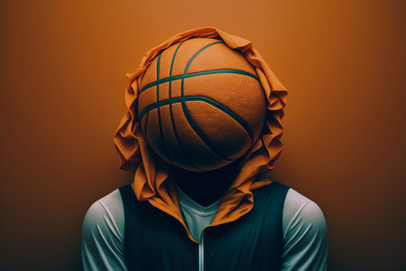 Basketball, sport creative concept. Basketball ball instead of head for an athlete player in hoodie standing indoors. Generative AI.の素材