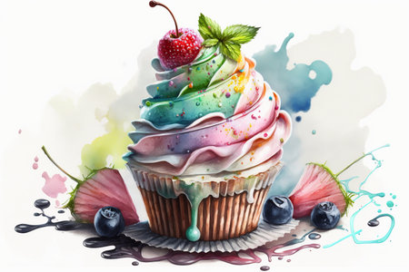 Fruit cake, sweet dessert cupcake with berries colorful watercolor illustration. Generative AI.の素材