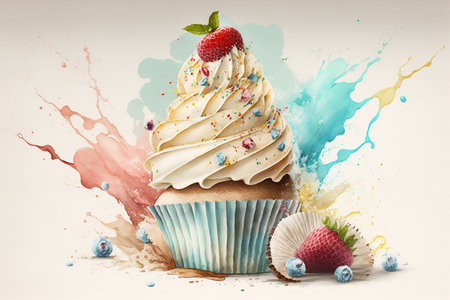 Cake with strawberries. Sweet dessert watercolor illustration. Generative AI.の素材