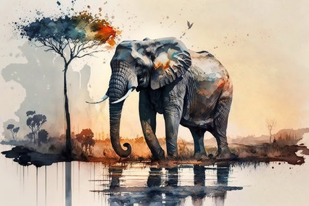 Big beautiful African elephant and tree, illustration of nature and animal life. Africa watercolor. Generative AI.の素材