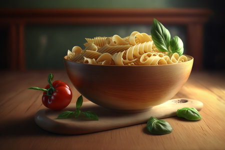 Traditional italian pasta in bowl on table. Generative AI.の素材