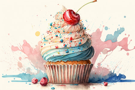 Cake with cherry, decorated sweet dessert cupcake colorful watercolor illustration. Generative AI.の素材