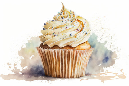 Decorated cake, sweet dessert cupcake watercolor illustration. Generative AI.の素材