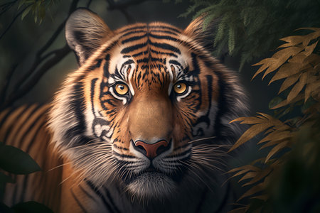 Portrait of tiger, graceful beautiful predator peeking out of frame of leaves looking at camera, outdoors. Rare animal, endangered species, wild life disaster concept. Generative AI.の素材