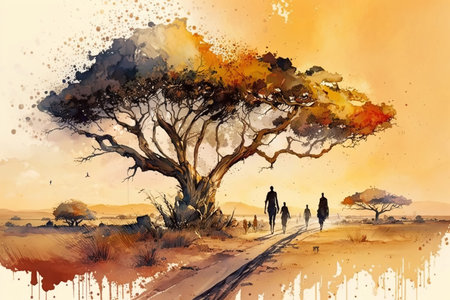 Africa watercolor abstract illustration. silhouettes of people and nature. Generative AI.の素材