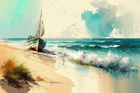 Marine natural landscape, boat on sea or ocean. Generative ai watercolor illustration.の素材