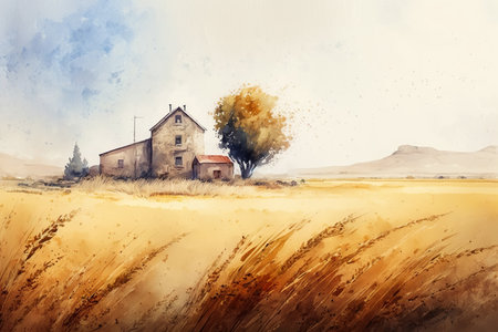 Wheat field, country house and tree. Farm watercolor illustration, generative ai.の素材