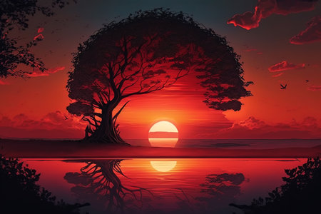 Intense red sunset, tree silhouette, river and sun. Generative ai landscape illustration.の素材