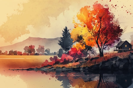 Rural autumn landscape watercolor illustration. Lake, house on shore, yellow-orange tree. Generative AI.の素材