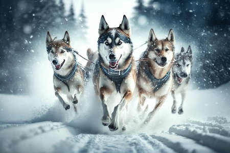 Team with sled dogs, group of huskies running along snowy road in forest on winter day. Sports northern dogs. Generative AI.の素材