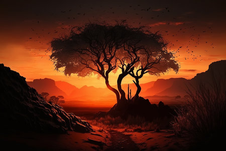 Landscape sunset, silhouettes of trees and birds in the sky. Generative ai illustration.の素材
