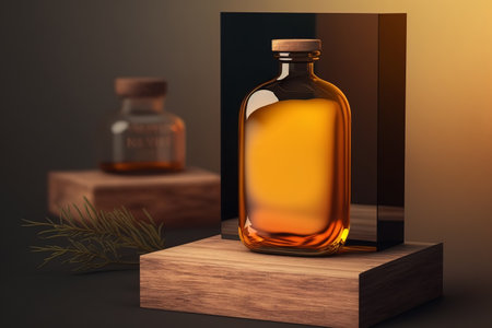 Amber bottle mockup. A glass bottle of cosmetics standing on a wooden podium. Generative AI.の素材