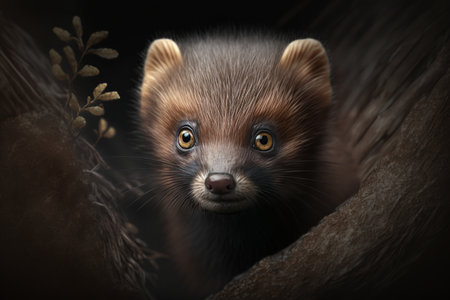 Rare animal, endangered species, wild life disaster concept. Portrait of mink, cute little animal looking out outdoors. Generative AI.の素材