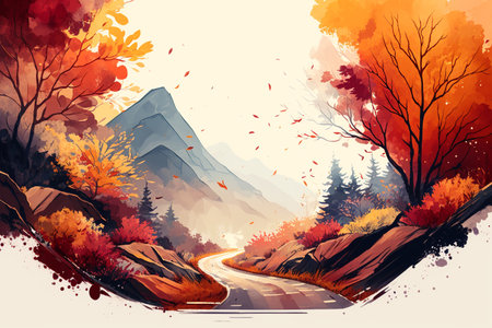 autumn landscape. Yellow-red trees, rural road and mountains. Generative ai illustration.の素材