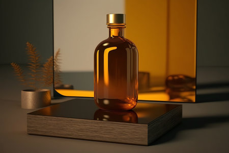 Amber bottle mockup. Yellow bottle of cosmetics standing on wooden podium against glass background. Generative AI.の素材