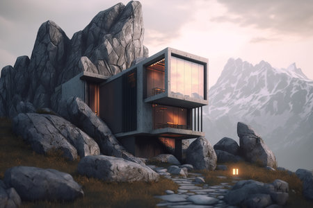 Organic architecture, modern stone country house in the rock. Generative AI.の素材