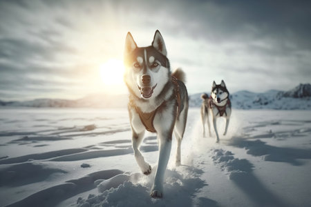 Beautiful husky, two sledding sports northern dogs in snowy steppe on sunny winter day. Generative AI.の素材