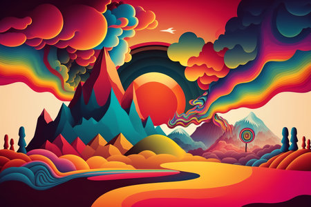 Multi-colored mountains, tree, sky, fantastic nature. Surreal psychedelic hallucinogenic fantasy landscape. Generative ai illustration.の素材