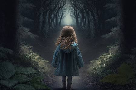 Lonely cute little girl in dark scary forest. Back view of lost scared sad child, outdoors. Generative ai illustration.の素材