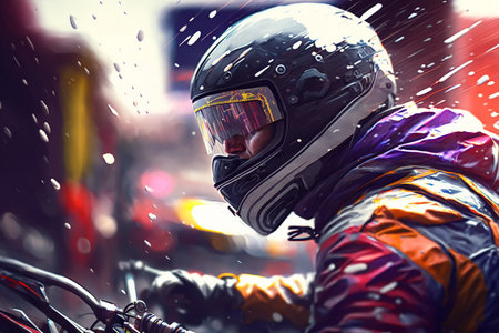 Close-up of motorcyclist in helmet riding motorcycle fast. Colorful illustration of generative ai.の素材
