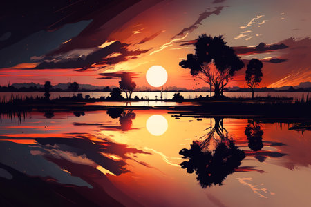 Sunset landscape, tree silhouette against sky, river and sun. Generative ai illustration.の素材