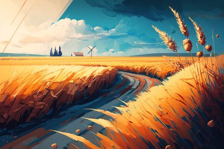 Yellow wheat field on farm, country house and windmill. Illustration, generative ai.の素材