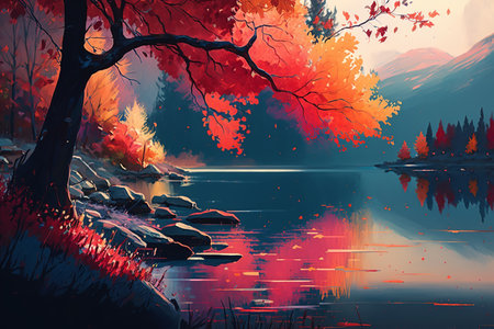 beautiful autumn nature. River, red leaves tree, mountain landscape. Generative AI.の素材