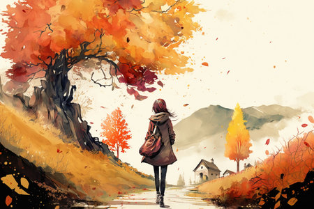 Slim young woman walking along the road on an autumn day, rear view. Yellow tree, leaves flying in wind, autumn watercolor landscape. Generative AI.の素材