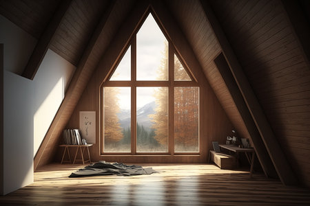 Minimalistic wooden interior, triangle shaped room indoors sunlight through window. Generative AI.の素材