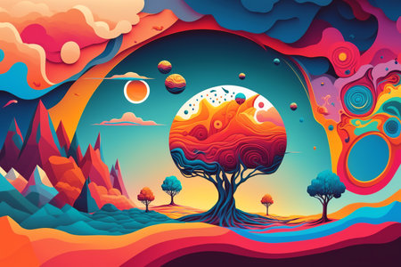 Surreal psychedelic hallucinogenic fantasy landscape. Multi-colored mountains, tree, sky, fantastic nature. Generative ai illustration.の素材