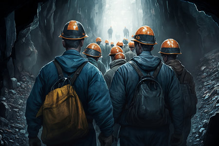 Group of miners in uniform and helmets in mine, rear view. Generative AI.の素材