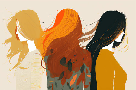 Silhouettes of three women without face of friends with different hair colors. Mental female health, friendship, character concept. Creative illustration generative ai.の素材