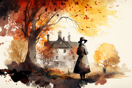 Autumn landscape, faceless woman in raincoat and hat standing against backdrop of house. Watercolor illustration of generative ai.の素材