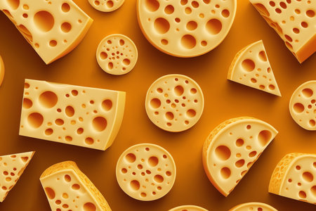 Cheese background. Top view cheeses with holes on yellow background, food pattern. illustration of generative ai.の素材